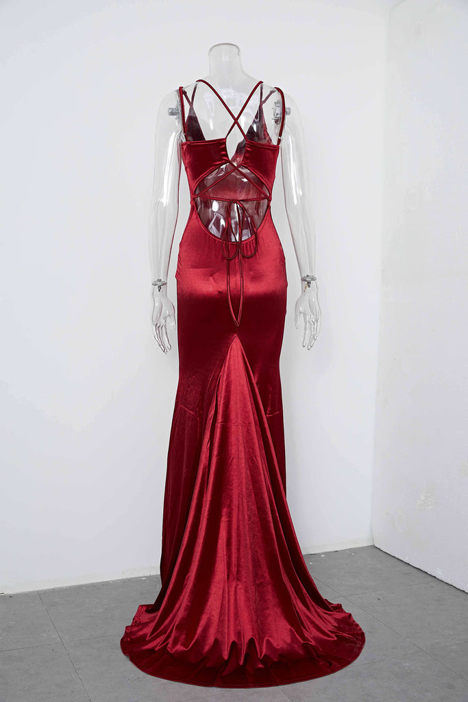 Burgundy Spaghetti Straps Long Prom Dress V-neck Party Dress