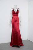 Burgundy Spaghetti Straps Long Prom Dress V-neck Party Dress