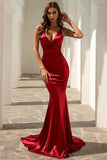 Burgundy Spaghetti Straps Long Prom Dress V-neck Party Dress