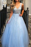 Charming Beaded Tulle A Line Sky Blue V-neck Ball Dresses Junior Prom Dresses