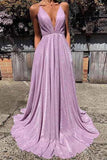New Spaghetti Straps Fashion Evening Dresses Sparkly Purple A-line Long Prom Dresses