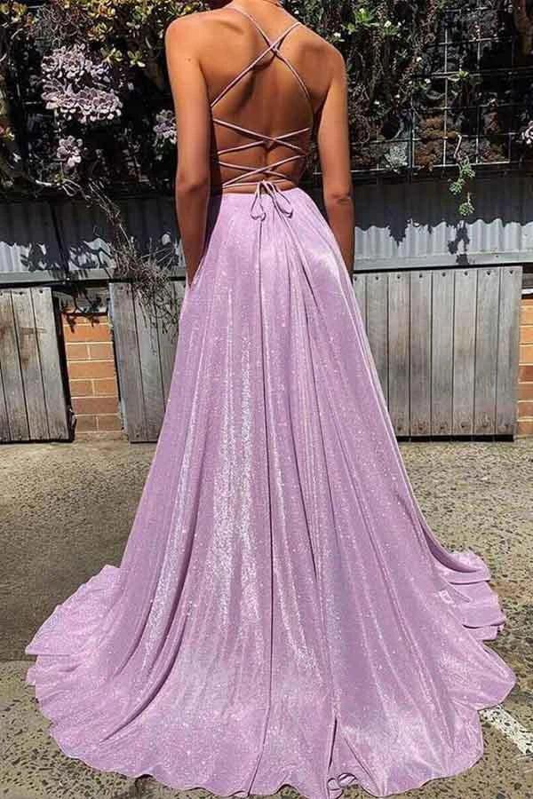 New Spaghetti Straps Fashion Evening Dresses Sparkly Purple A-line Long Prom Dresses