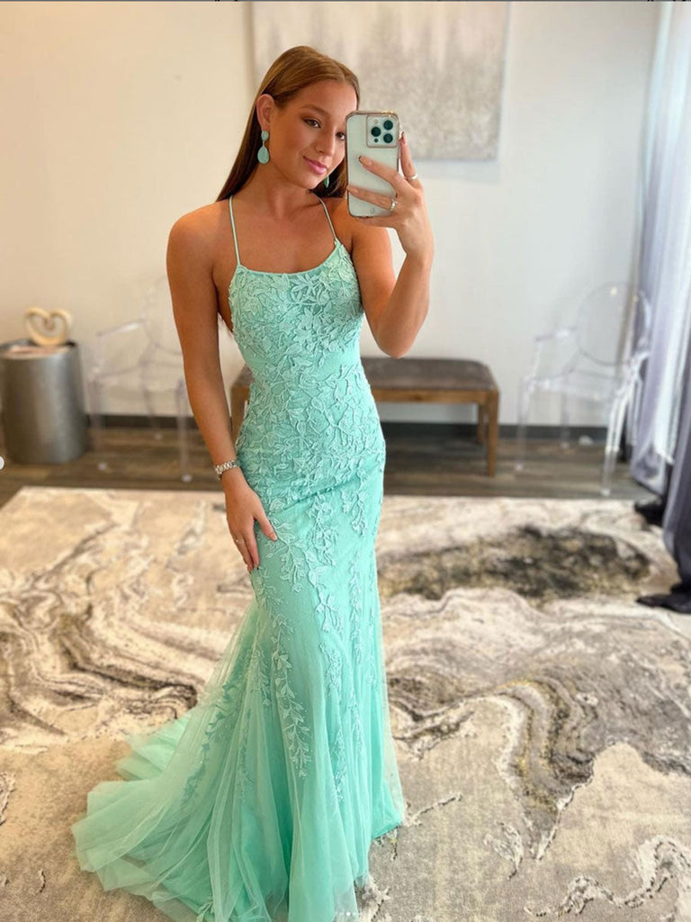 Mint Green Backless Evening Dresses Appliques Lace Mermaid Long Prom Dresses