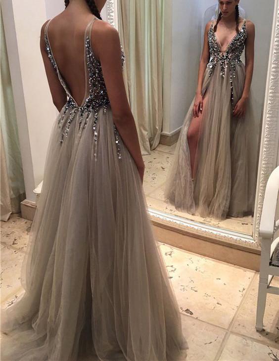 Long Backless Grey Sexy Prom Dresses with Slit Rhinestone See Through Evening Gowns
