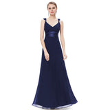 V-neck Navy Blue Chiffon Long Bridesmaid Dresses Prom Dresses - Laurafashionshop