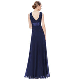 V-neck Navy Blue Chiffon Long Bridesmaid Dresses Prom Dresses - Laurafashionshop