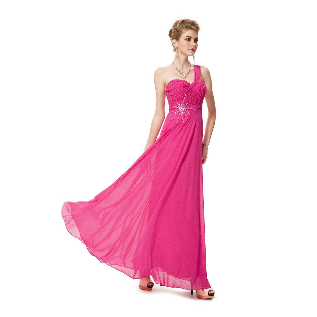 Long Hot Pink One Shoulder Bridesmaid Dress With Beaded Prom Dresses - Laurafashionshop