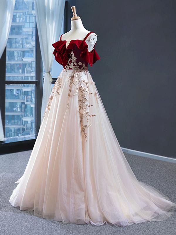 Appliques  Vintage Red Top Straps Tulle A Line Formal Dress Long Prom Dresses