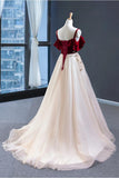 Appliques  Vintage Red Top Straps Tulle A Line Formal Dress Long Prom Dresses