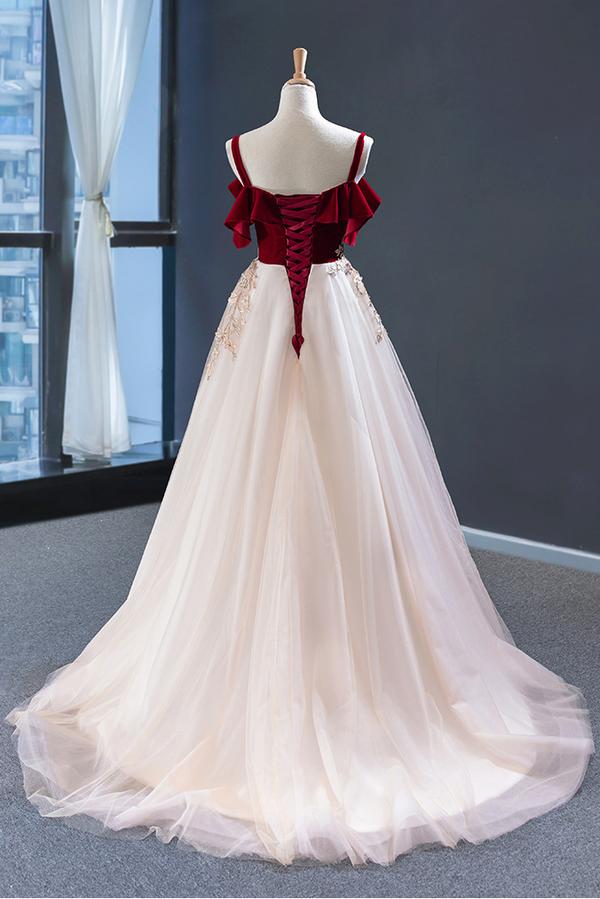 Appliques  Vintage Red Top Straps Tulle A Line Formal Dress Long Prom Dresses