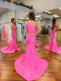 Graduation Evening Dresses Two Pieces One Shoulder Hot Pink Formal Long Prom Dresses