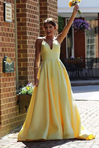 A-Line Spaghetti Straps Yellow Satin Prom Dress With Pockets