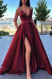 Fashion A-line Deep V-neck Burgundy Satin Prom Dress With High Split