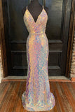 Sequins Formal Evening Dresses White Shiny V-Neck Mermaid Long Prom Dresses