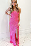 Evening Party Dresses Split Sequins Hot Pink Mermaid Long Prom Dresses