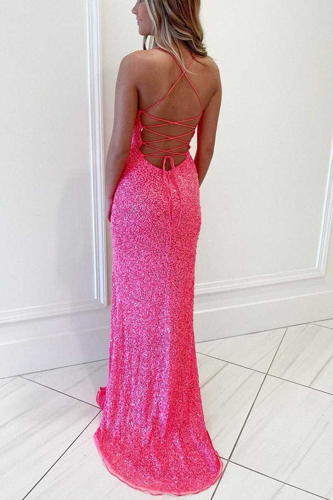 Evening Party Dresses Split Sequins Hot Pink Mermaid Long Prom Dresses