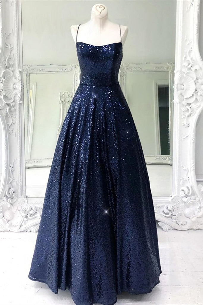 Shiny A-line Navy Blue Sleeveless Long Prom Dress With Sequins, Evening Gown