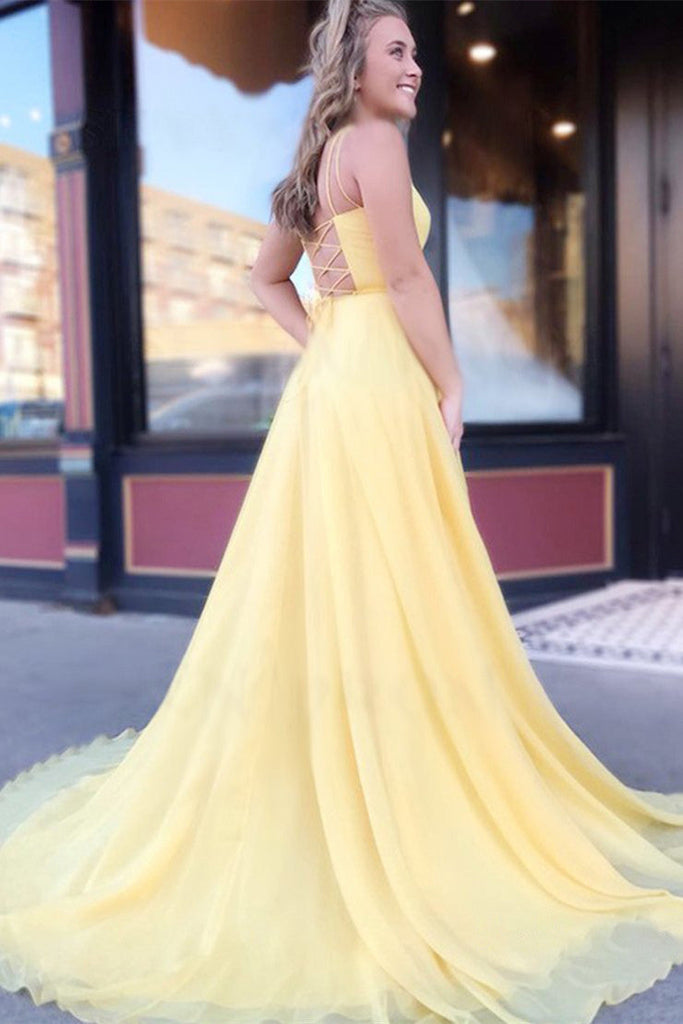 Cute A-line Sleeveless Yellow Chiffon Prom Dress