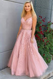 Pretty  A-Line Two Pieces Pink Lace Tulle Prom Dress