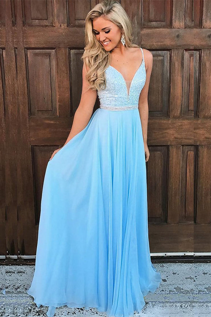 Elegant A-line Sleeveless Light Blue Long Prom Dresses