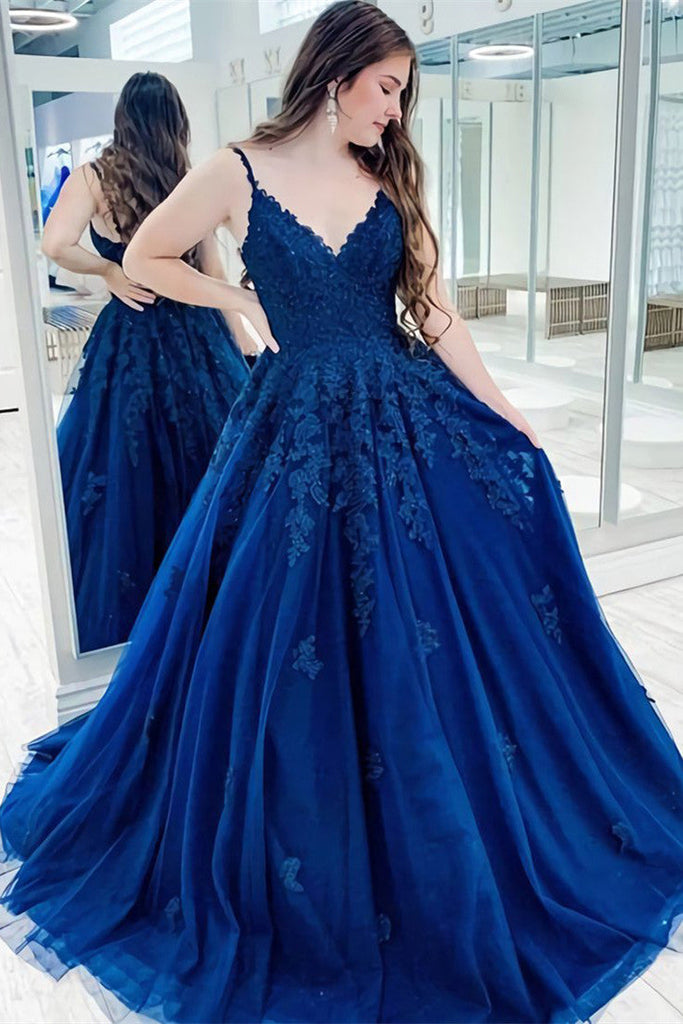 Charming A-line Navy Blue Tulle Long Prom Dresses, Evening Dresses