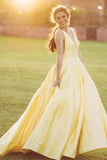 Simple A-Line Sleeveless Long Yellow Satin Prom Dress