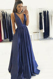 Chic A-line Sleeveless Deep V-Neck Prom Dress, Navy Blue Evening Gown