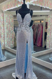 Elegant Sheath Evening Dress Spaghetti Straps Light Blue Sequins Appliques Long Prom Dress