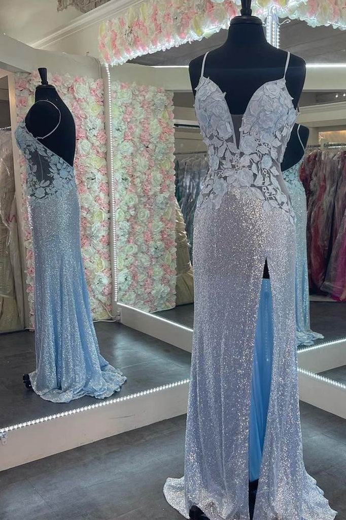 Elegant Sheath Evening Dress Spaghetti Straps Light Blue Sequins Appliques Long Prom Dress