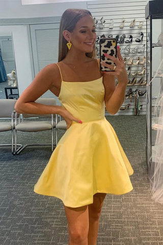 Simple A-Line Spaghetti Straps Yellow Homecoming Dress With  Lace-Up
