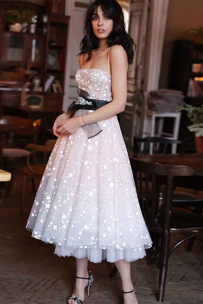 A-line Spaghetti Strap Pearl Pink Tulle Homecoming Dress
