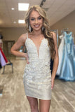 Cute Sheath Deep V-neck 3D Appliques Homecoming Dress