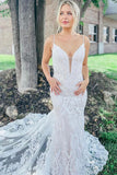 Modest Mermaid V-neck Lace Long Wedding Dress With Court Train