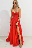 Sexy A-line Strapless Red Long Prom dresses With Slit