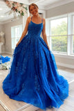 A Line Lace Princess Long Formal Dress Appliques Royal Blue  Tulle Prom Dresses