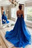 A Line Lace Princess Long Formal Dress Appliques Royal Blue  Tulle Prom Dresses