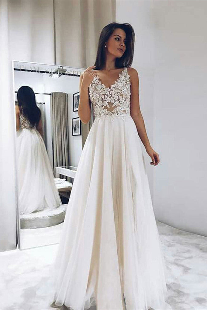Modest A-line V-neck Ivory Tulle Lace Long Prom Dresses