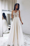 Modest A-line V-neck Ivory Tulle Lace Long Prom Dresses