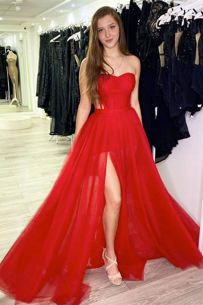 Shiny A-line Strapless Red Tulle Long Prom Dress