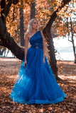 Pretty A-line One Shoulder Blue Tulle Appliques Prom Dress, Evening Gowns