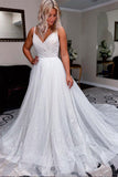 A-line V-neck Sleeveless Shiny White Tulle Long Prom Dress, Evening Gown