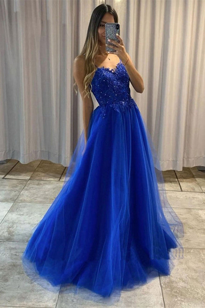 Shiny A-line Spaghetti Straps Blue Tulle Lace Prom Dresses