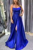 A-line Spaghetti Straps Slit Royal Blue Long Prom Dresses, Evening Gowns