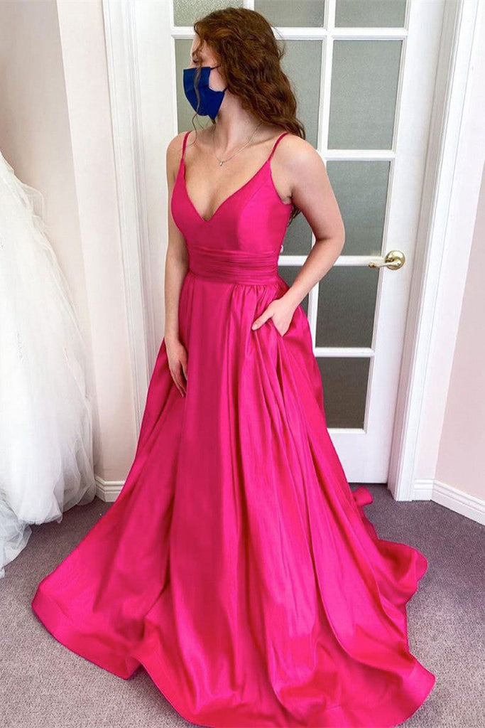 Shiny A-line Sleevless V-neck Pink Satin Prom Dresses