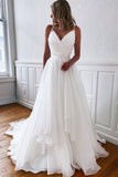 A-line Spaghetti Straps White Chiffon Long Wedding Dress, Prom Dresses