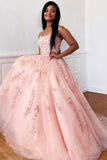 A-line Pink Appliques  Tulle Prom Dresses