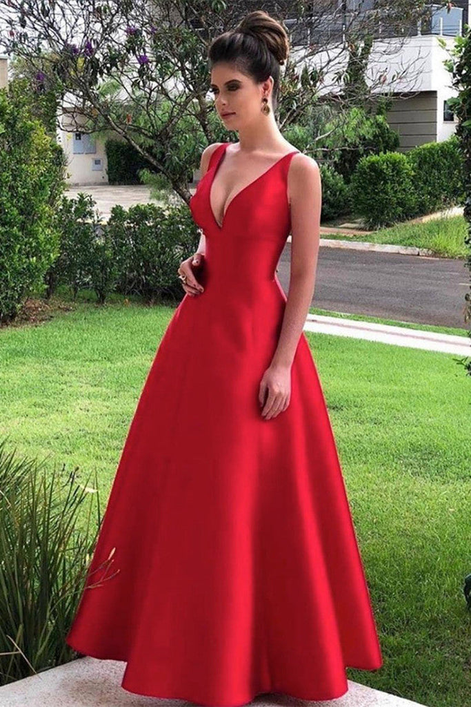 Shiny A-line Sleeveless Red Satin Prom Dresses, Evening Gown