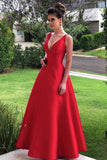 Shiny A-line Sleeveless Red Satin Prom Dresses, Evening Gown