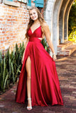 Sexy A-line Sleeveless V-neck Red Satin Prom Dresses