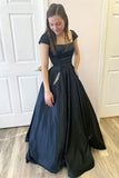 Elegant A-line Cap Sleeves Beading Pockets Satin Prom Dresses, Evening Gowns